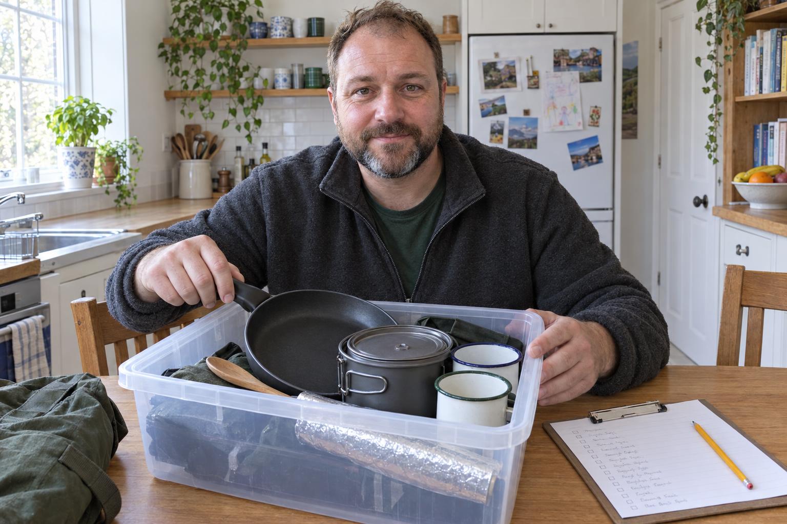 Wade packing a camp-kitchen box at his kitchen table