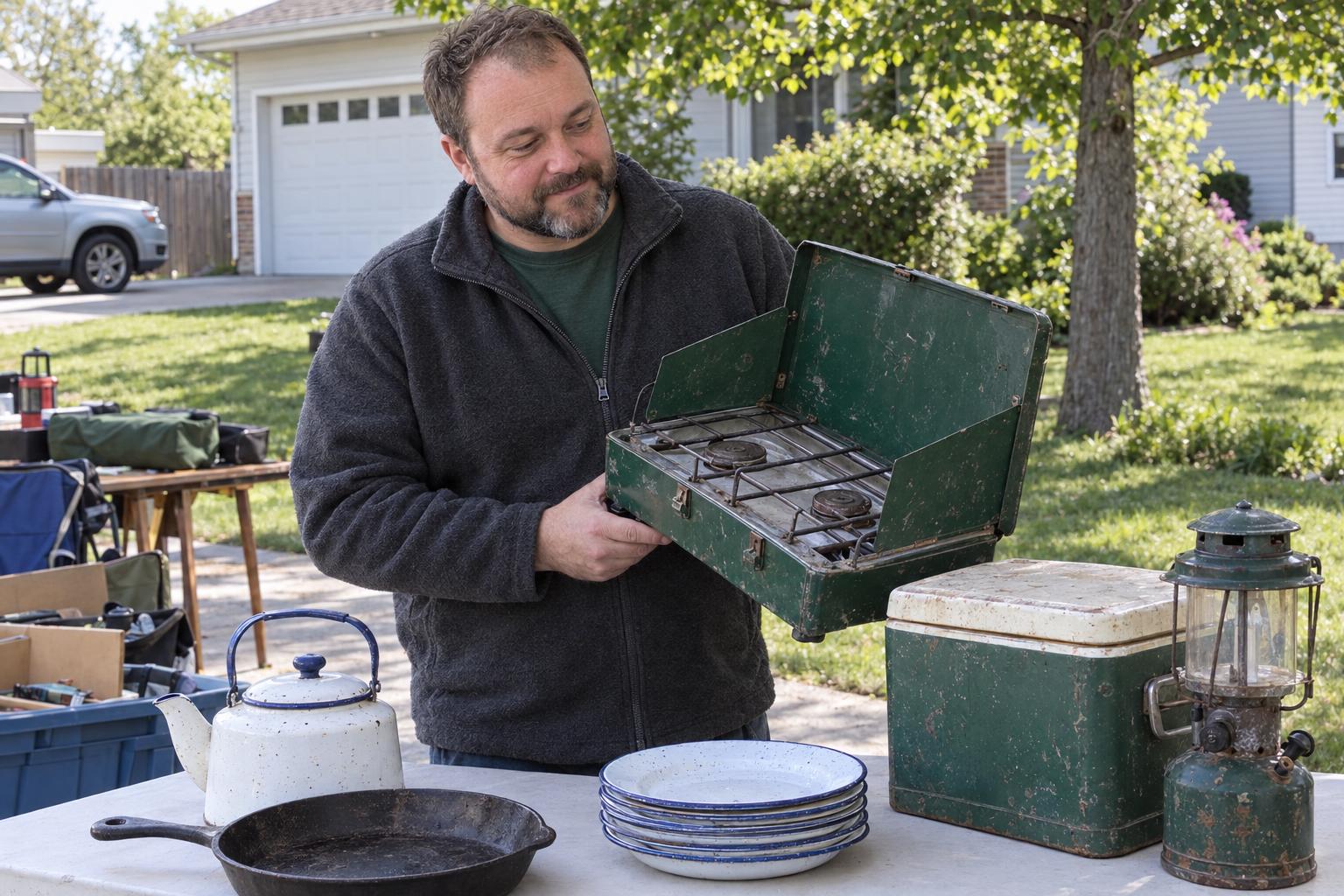 Wade checking a used camp stove at a yard sale