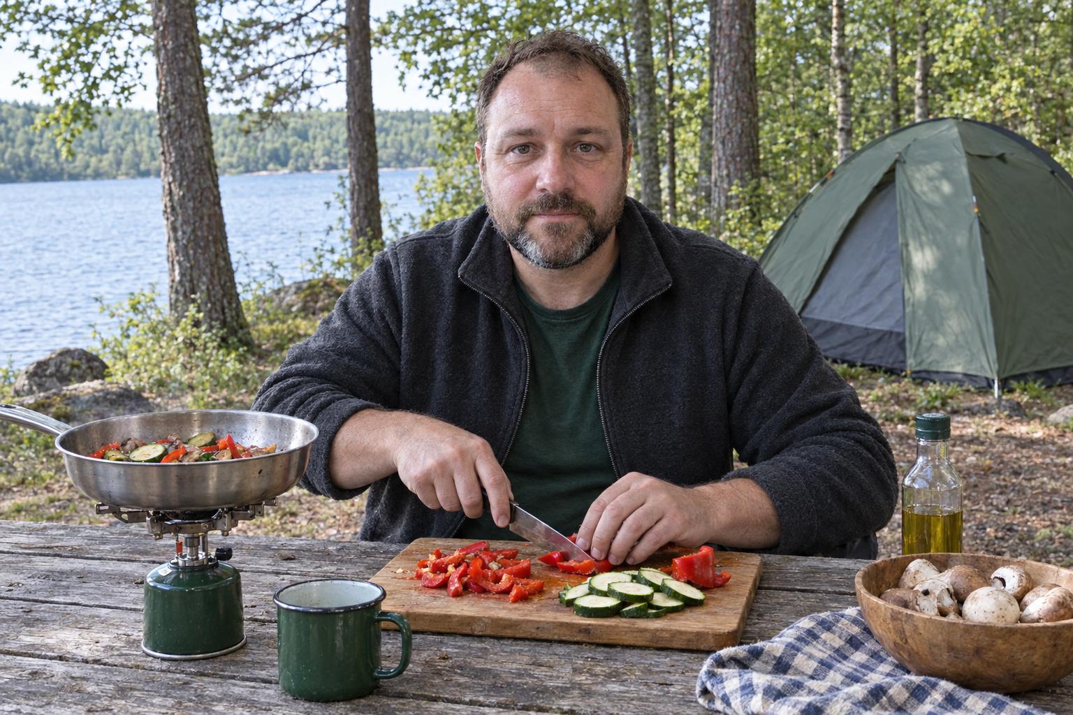 Wade slicing vegetables at a picnic table beside a small camp stove