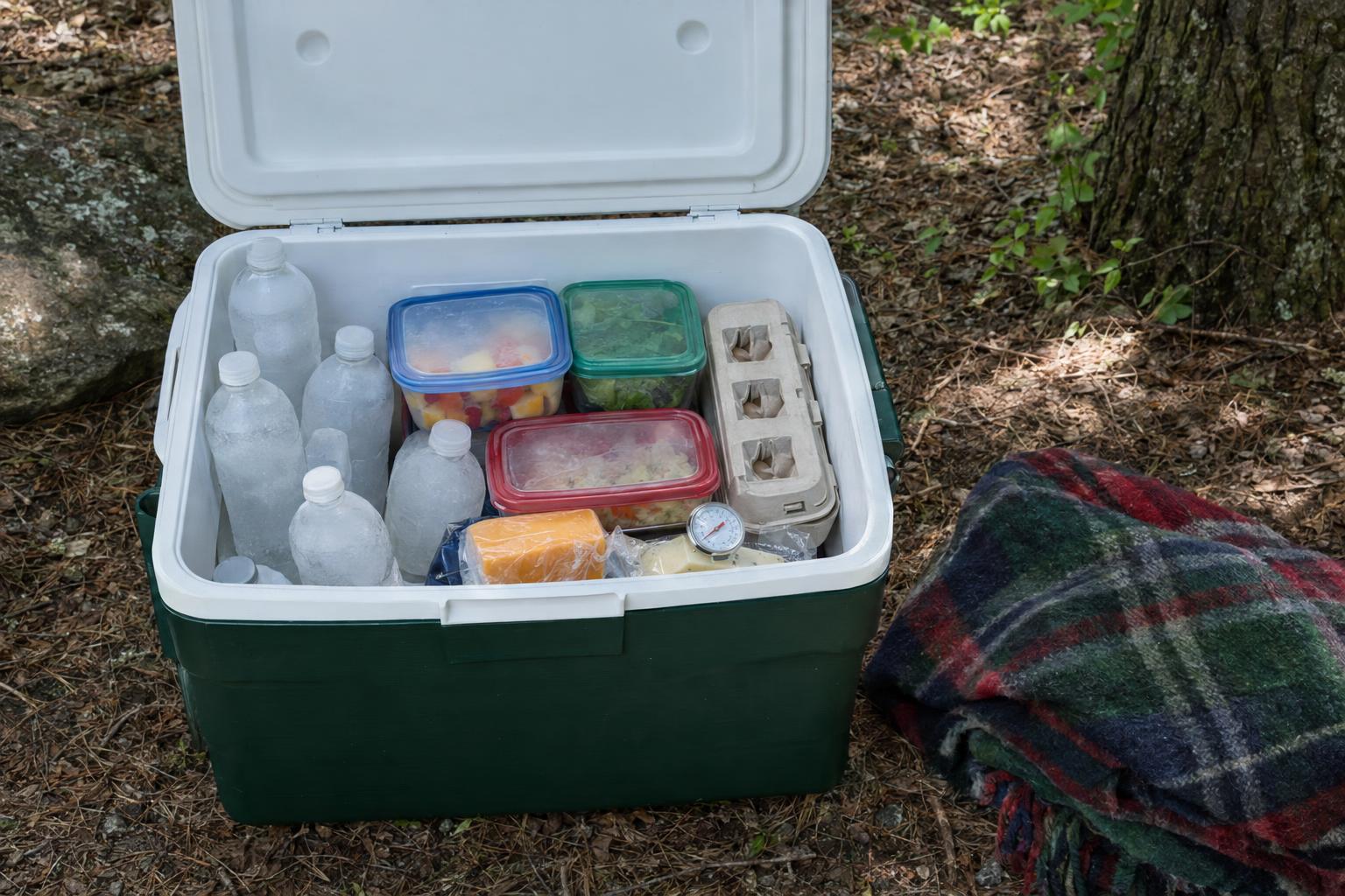 A cooler packed with frozen water bottles