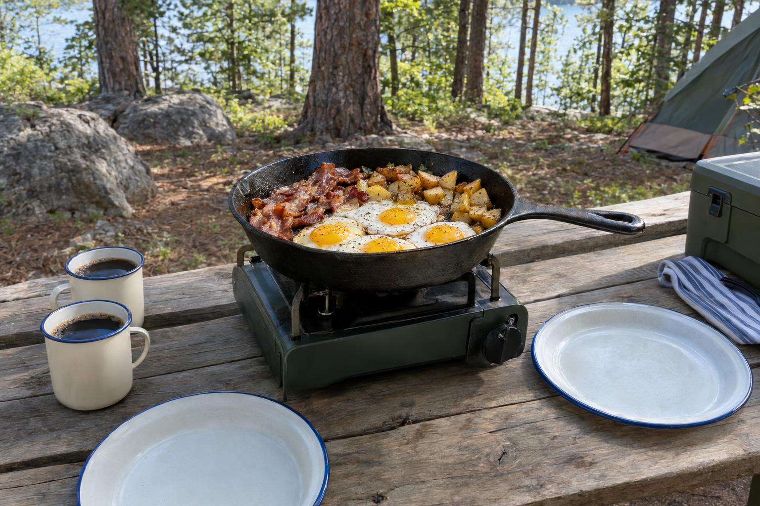 Breakfast hash in a cast-iron skillet